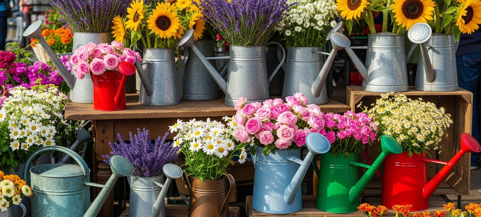 display of many watering can flowers