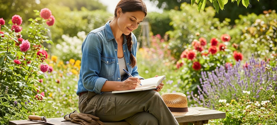 woman writing in book surrounded by hybrid flowers