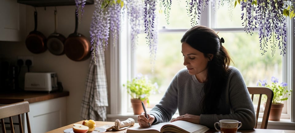 woman at kitchen table writing