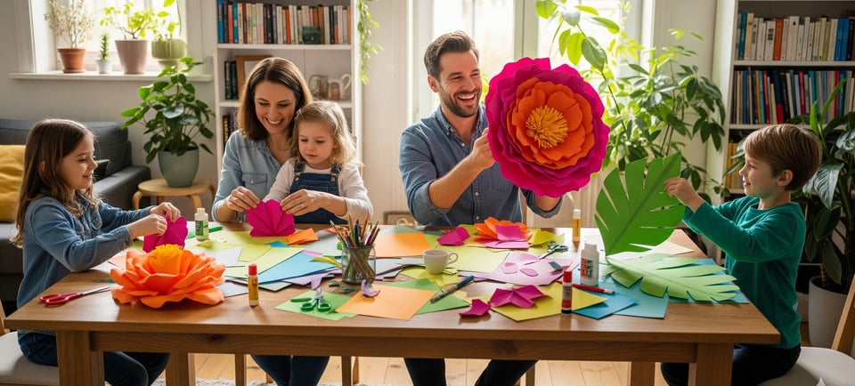 happy family making giant paper flowers