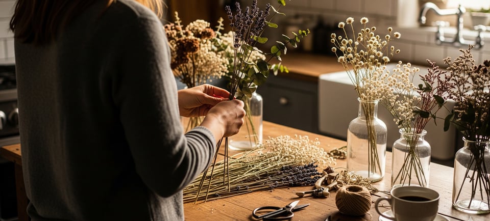 woman stood holding dried flowers
