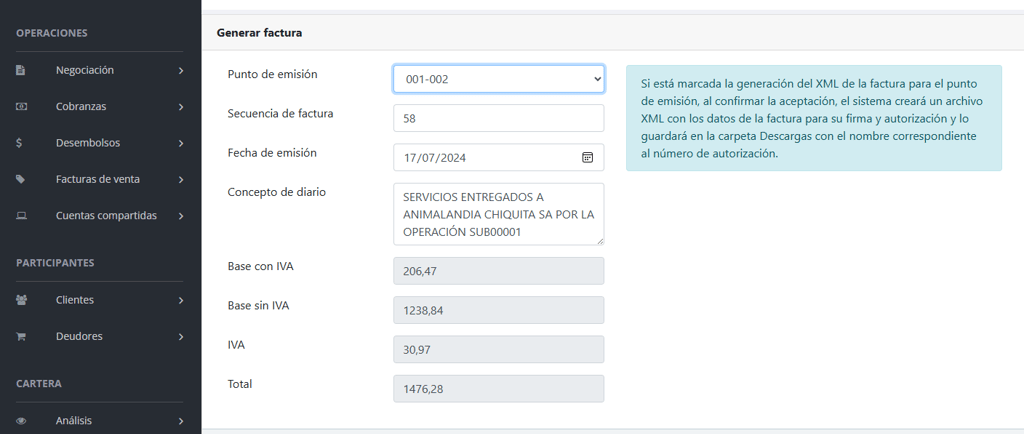 generación de factura en factoring Margarita
