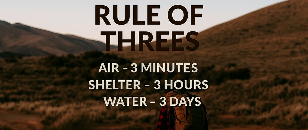 Survival Rule of Threes: 3 minutes without air, 3 hours without shelter, 3 days without water in wilderness