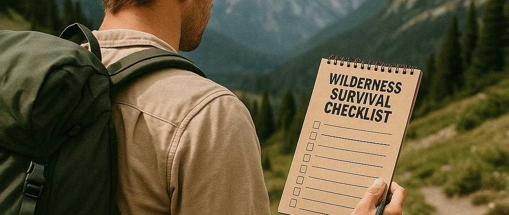 Hiker with wilderness survival checklist in mountain trail, prepping essentials for outdoor adventure planning