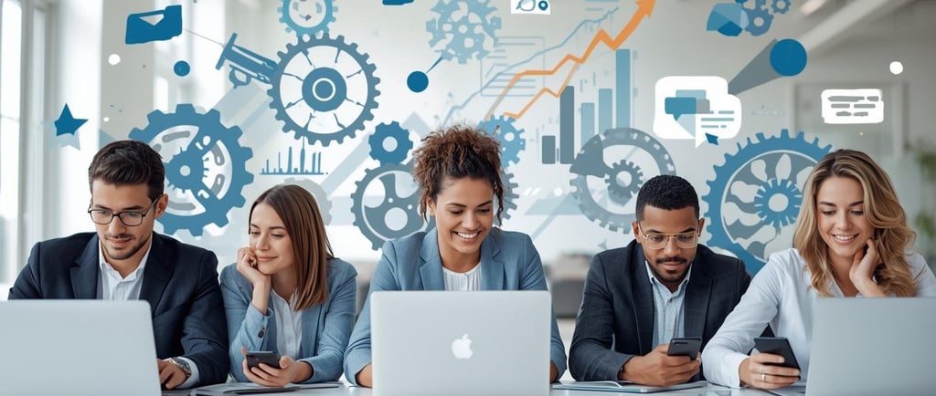 Equipe de uma pequena empresa sorrindo enquanto utiliza um software de automação de marketing para o