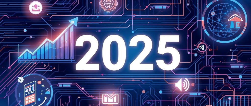 Gráfico de crescimento apontando para o ano de 2025, com ícones representando as tendências de SEO