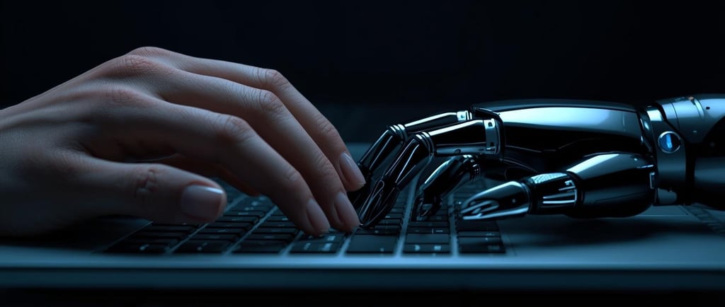 Mão humana e mão robótica digitando juntas em um teclado, simbolizando a colaboração e a IA.