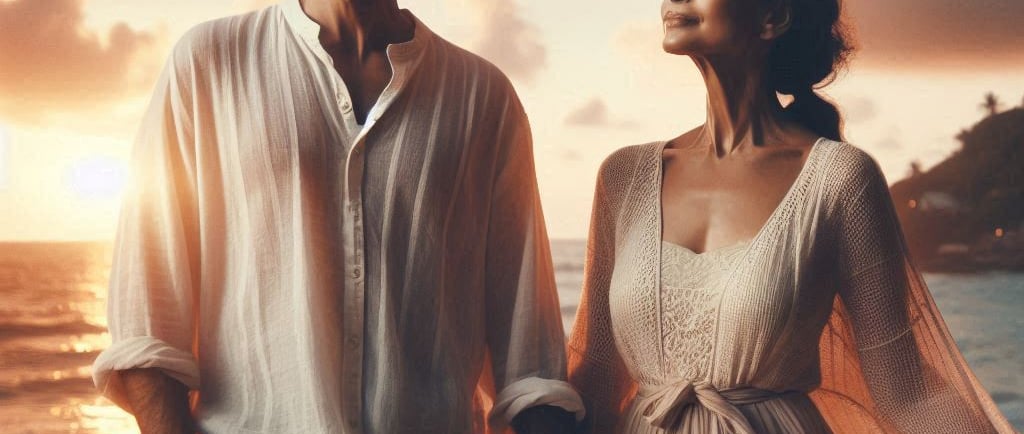 Casal maduro feliz de mãos dadas na praia ao pôr do sol. Imagem ilustrativa blog Solução de Adultos