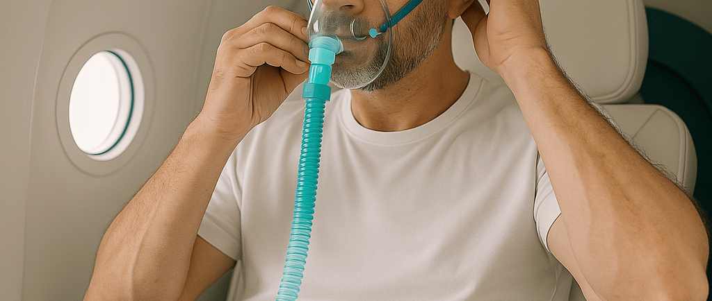 Persona respirando oxigeno hiperbarico