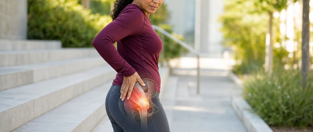 Mulher com dor na lateral do quadril e representação anatômica dos tendões glúteos