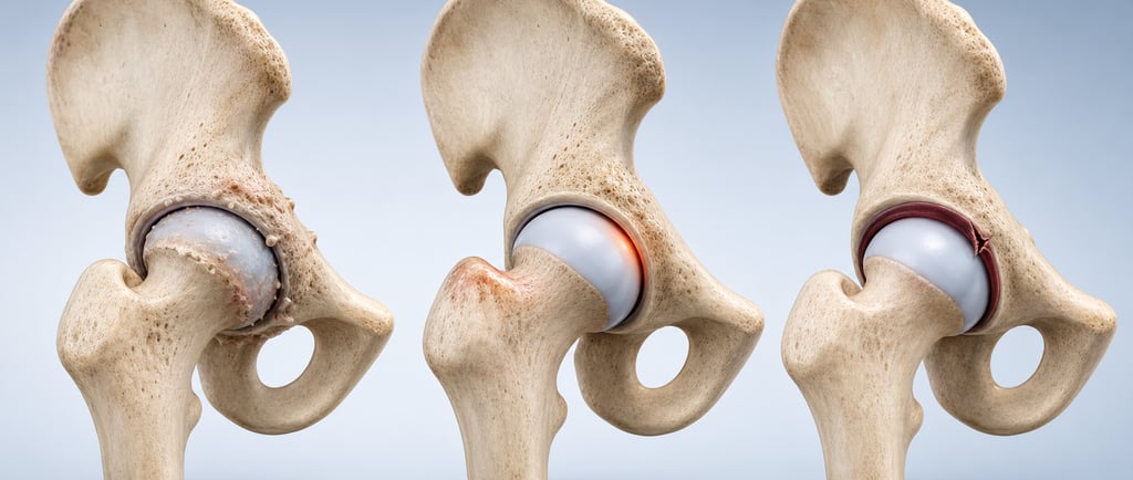 Representações anatômicas do quadril mostrando artrose, impacto femoroacetabular e lesão do labrum