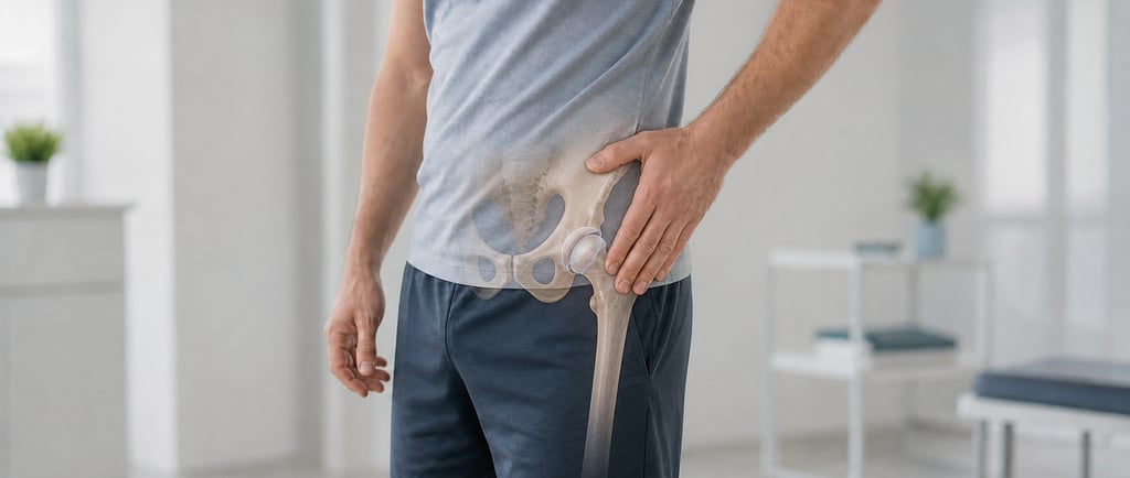 Pessoa com dor no quadril e representação anatômica da articulação