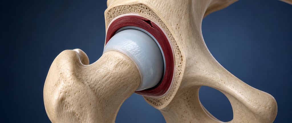Representação anatômica do labrum acetabular com pequena lesão anterossuperior no quadril