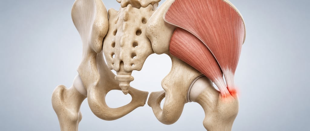 Representação anatômica do glúteo médio e mínimo com inflamação na lateral do quadril