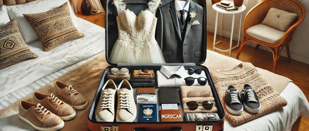 a suitcase with a wedding dress and shoes