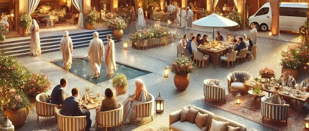 people in a decorated riad in Marrakech for a wedding
