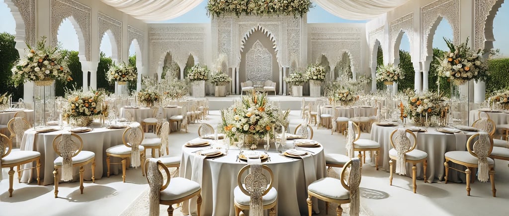 A Moroccan wedding ceremony setup with a white theme. Tables are adorned with white tablecloths
