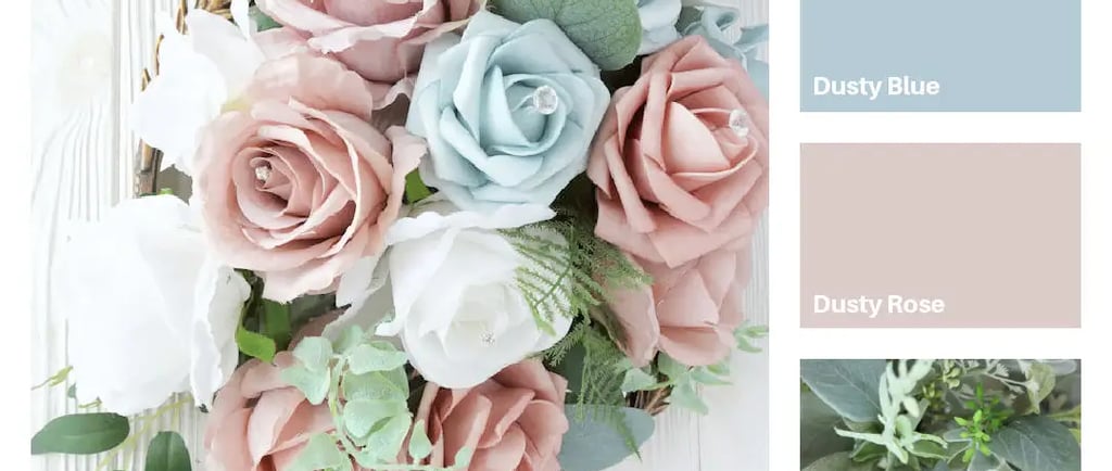 a bouquet of flowers and greenery in a color palette