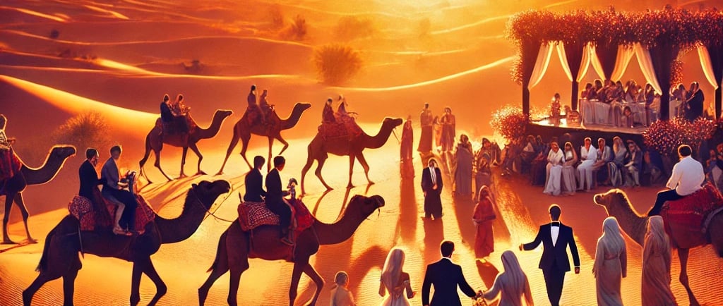 bride and groom in the desert with people riding camels
