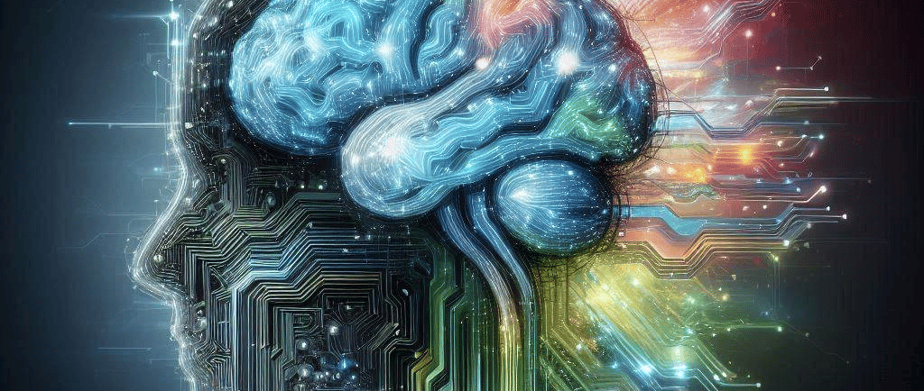 A digital brain with circuitry patterns inside a head outline. Colorful, sci-fi design.