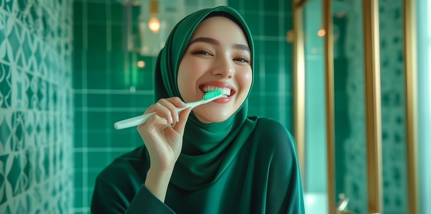 امرأة جميلة تنظف أسنانها