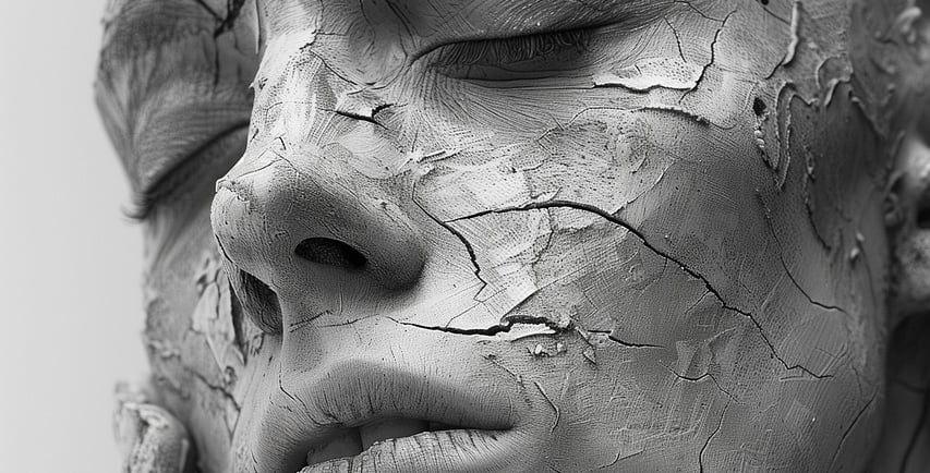 ein Frauengesicht mit bröckelnder Crememaske, die sich pellt und aussieht wie Narben