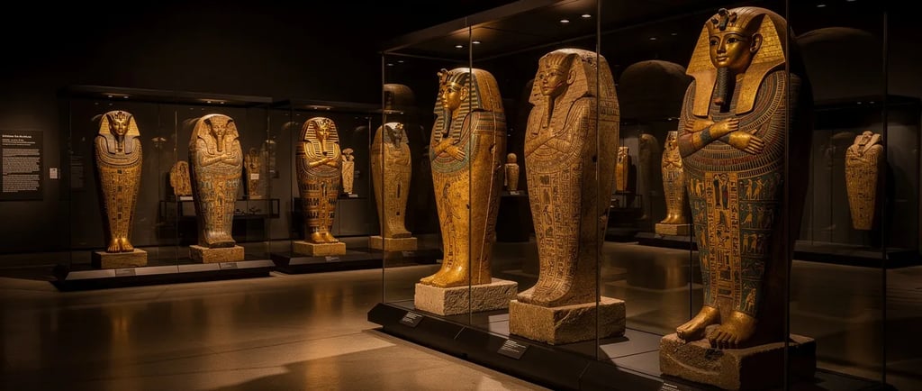 Ancient Egyptian golden sarcophagi and ornate coffins displayed in a dimly lit museum gallery.