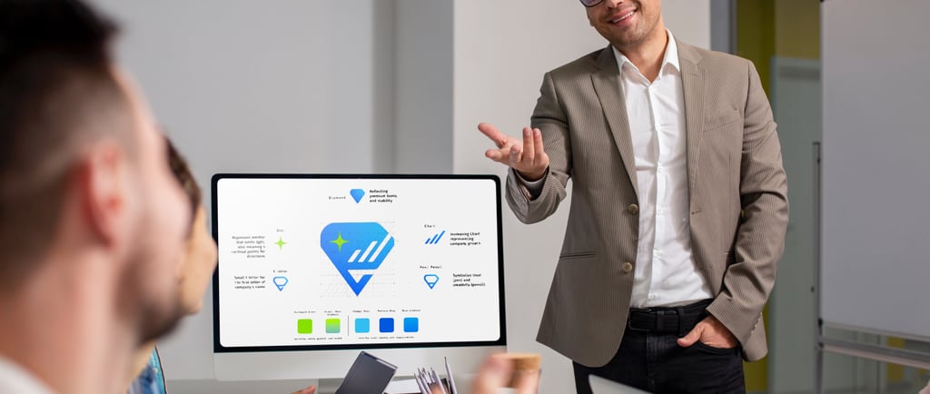 a man in a suit and glasses is standing in front of a computer screen presenting logo design