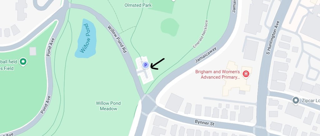 Map of Olmsted Park showing a public parking lot near Willow Pond and Jamaicaway.