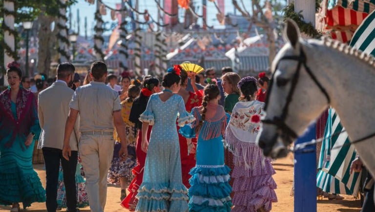 Feria de Abril in Sevilla, a group of people in colorful dresses and hats
