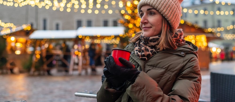 a woman in a hat and coat is holding a cup of coffee