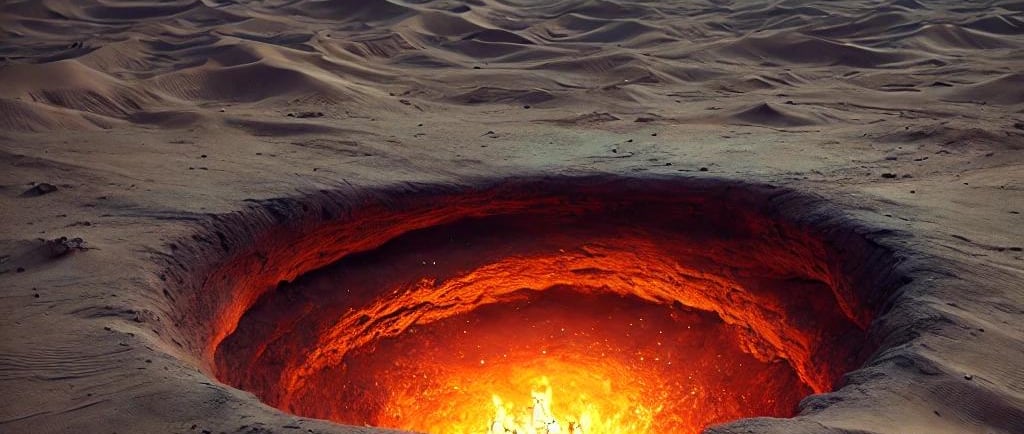 Realistic image of the Door to Hell in Turkmenistan, a massive burning crater in the desert