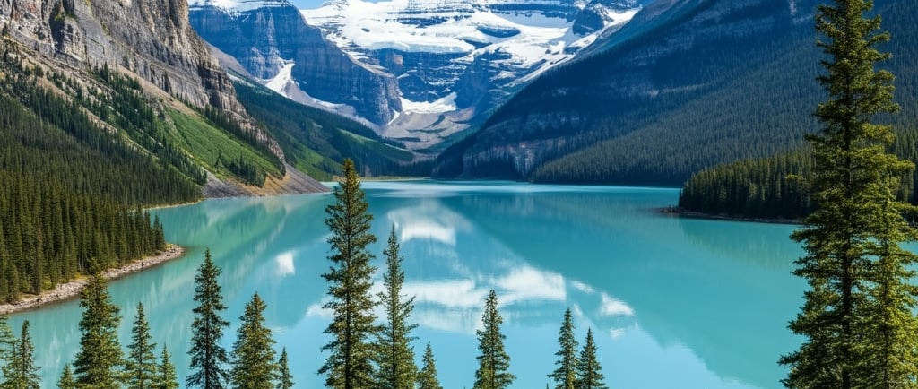 Turquoise waters of Lake Louise, Canada, surrounded by snow-capped mountains and lush forests.