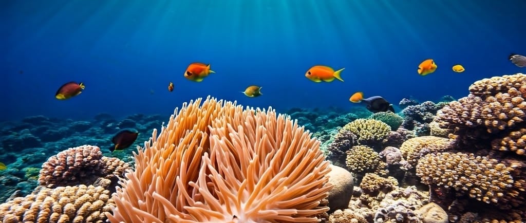 Vibrant coral formations and diverse marine life at the Great Barrier Reef, Australia.