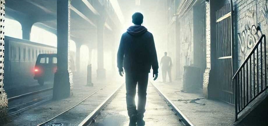 A young man walking furiously on train tracks, symbolizing struggle and the journey towards inner peace.