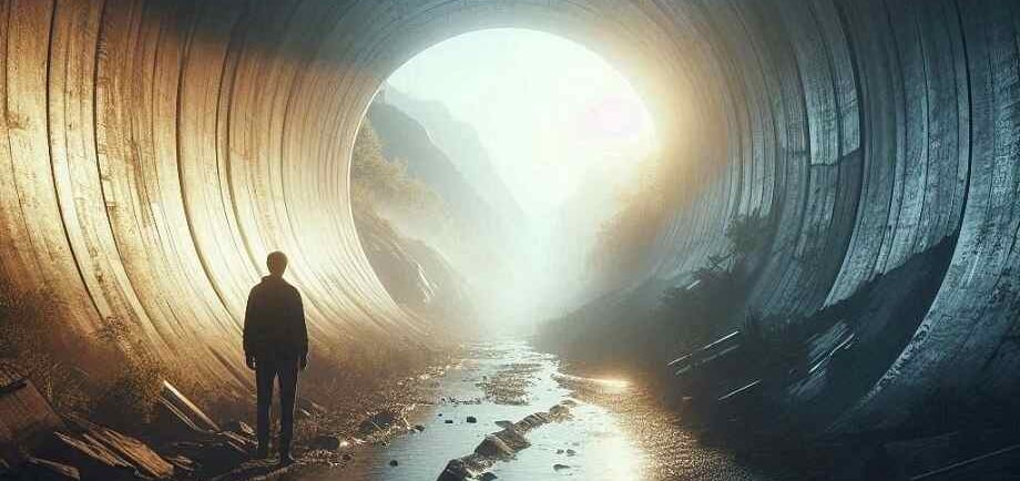 A man standing in a tunnel seeing light ahead, symbolizing the journey of meditation to reduce anxiety and find inner peace.