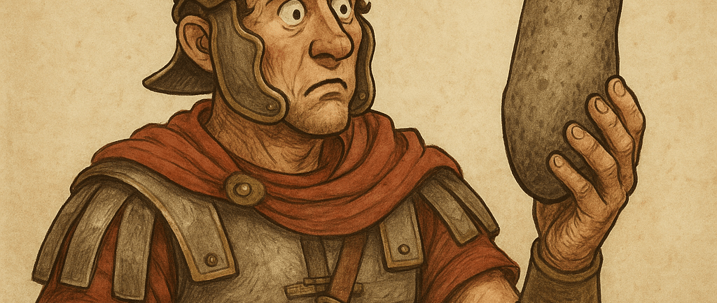 a man in a roman helmet holding a stone shaped like a penis