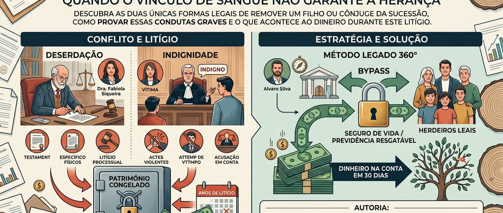 Infográfico comparativo entre deserdação e indignidade no direito sucessório com estratégias de planejamento.