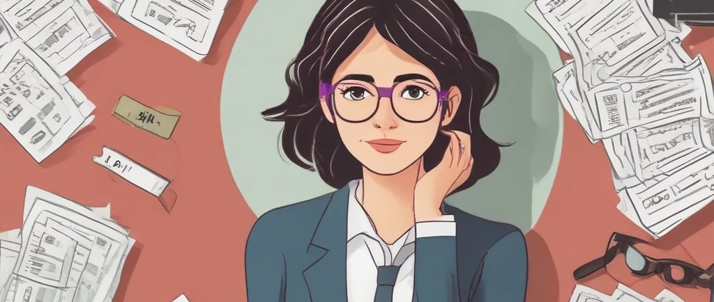 a woman in a suit and glasses surrounded by papers and papers