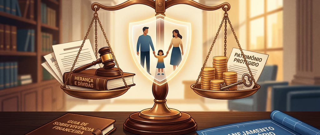 Golden scales of justice balancing family inheritance, legal gavel, and financial estate planning documents.