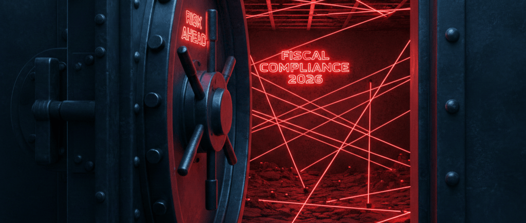 Open vault door revealing fiscal compliance 2026 neon sign protected by red security lasers.