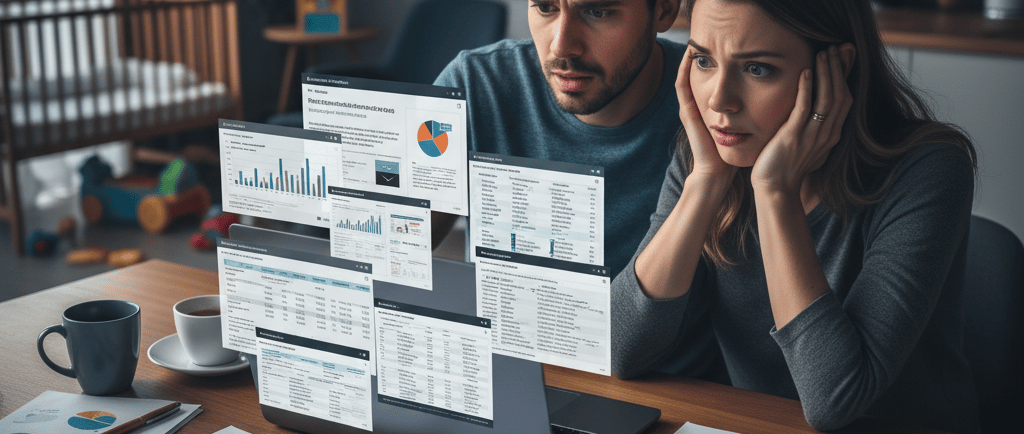 Pai com expressão de sobrecarga diante de uma tela com inúmeras opções de investimento.