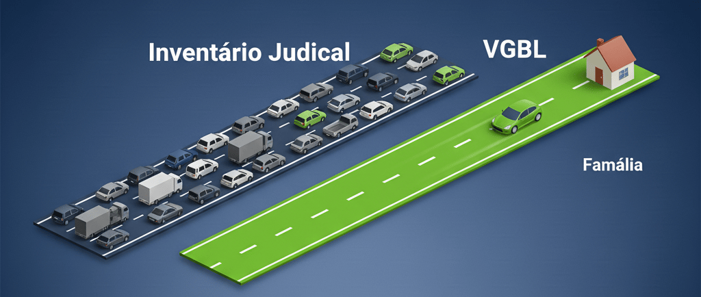 Comparativo visual: a via expressa do VGBL contra o trânsito do inventário judicial