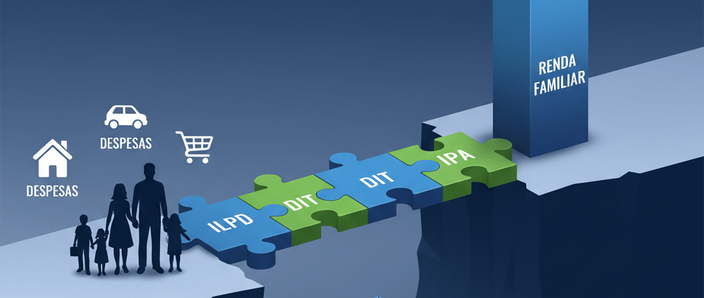 Ponte de quebra-cabeça sobre o "abismo de renda", ligando despesas familiares à renda, com INSS queb
