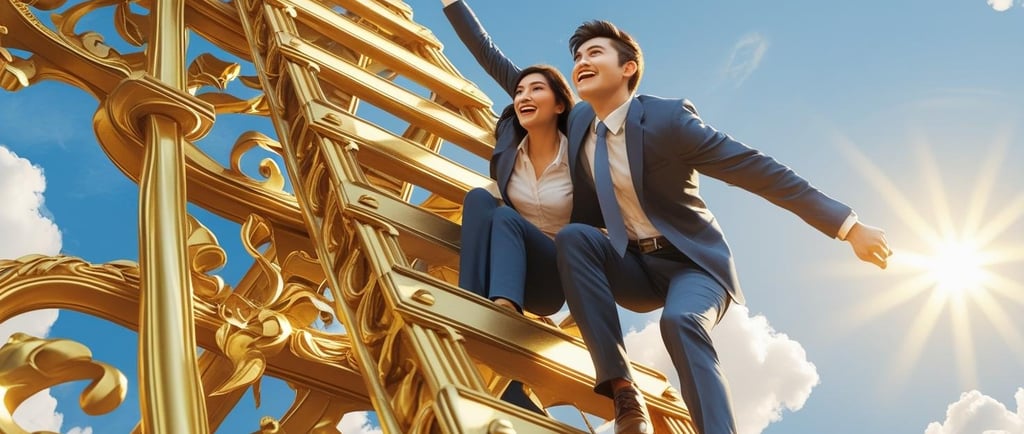 a man and woman standing on a golden staircase