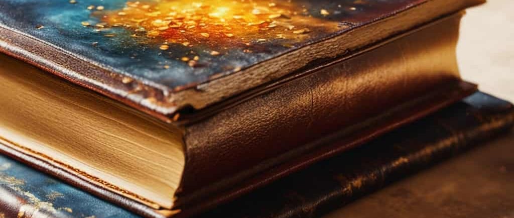 two fancy books stacked on top of a table.
