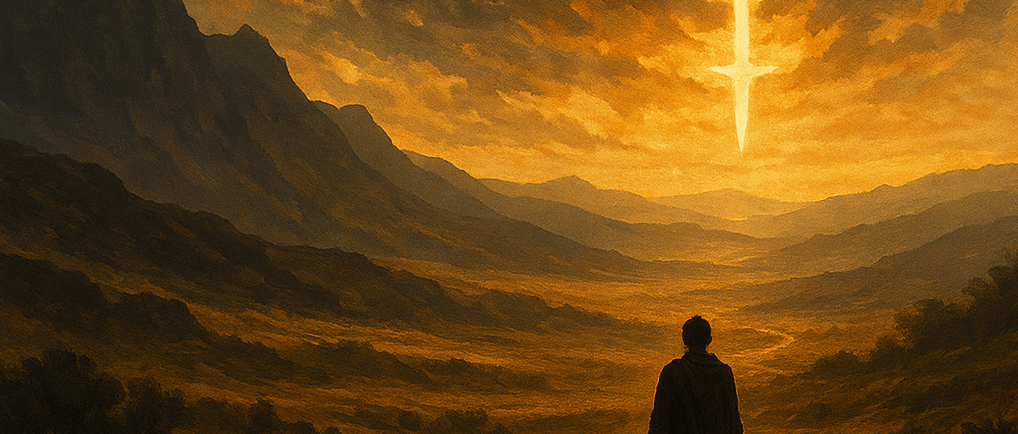 man in valley before cross in sky