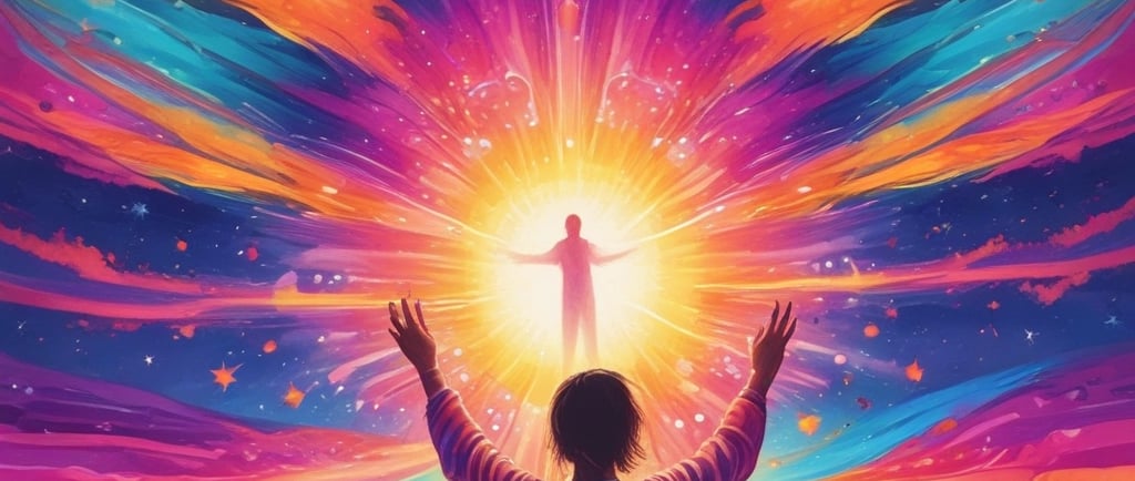 a man standing in front of a colorful painting of a person holding a cross