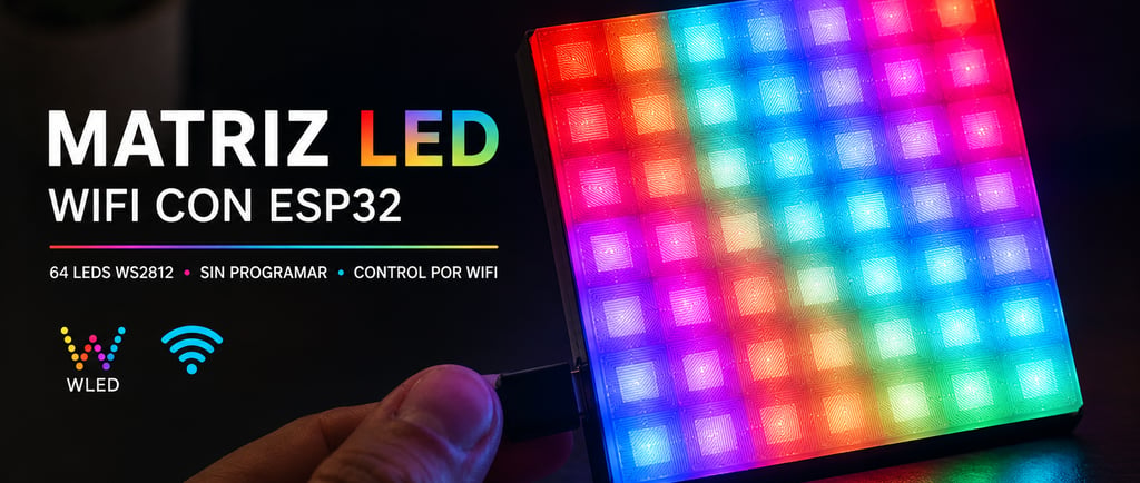Matriz LED RGB WiFi basada en ESP32 y WLED mostrando efectos de colores sobre una carcasa impresa en 3D.