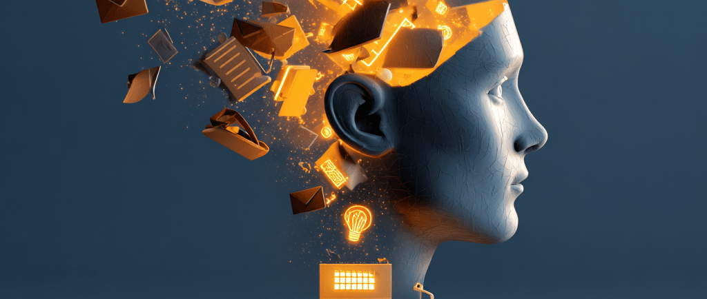 ADHD working memory overload illustration with cluttered, scattered thoughts.